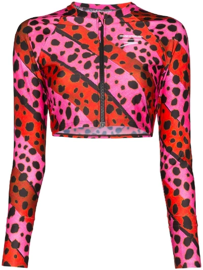 Shop House Of Holland Leopard Print Striped Bikini Top In Pink