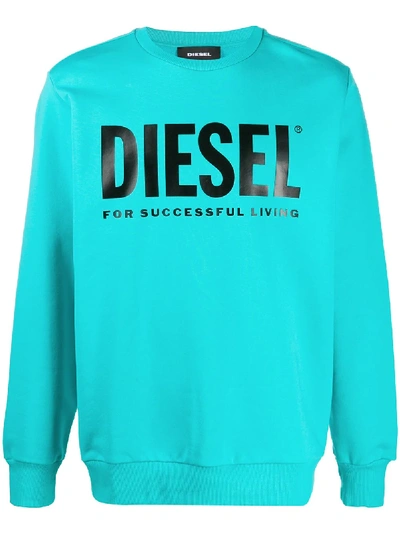 Shop Diesel Logo Print Crew Neck Sweatshirt In Blue