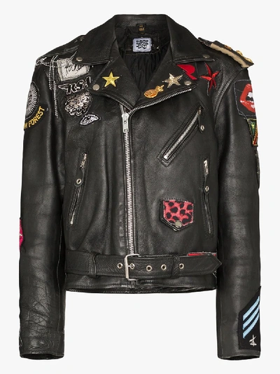 Shop Rockins Patch Detail Leather Biker Jacket In Black