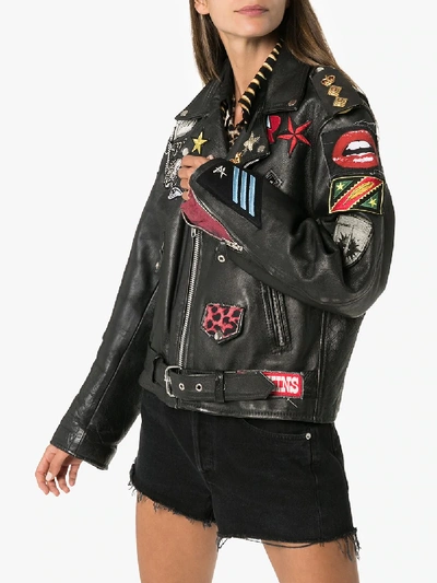 Shop Rockins Patch Detail Leather Biker Jacket In Black