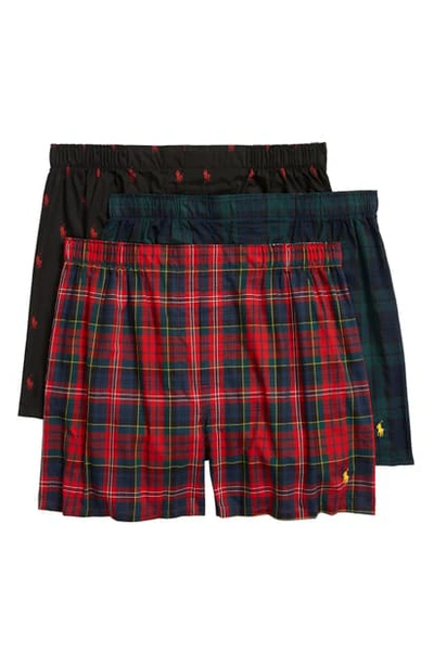 Shop Polo Ralph Lauren 3-pack Woven Boxers In Polo Black/ Green/ Red