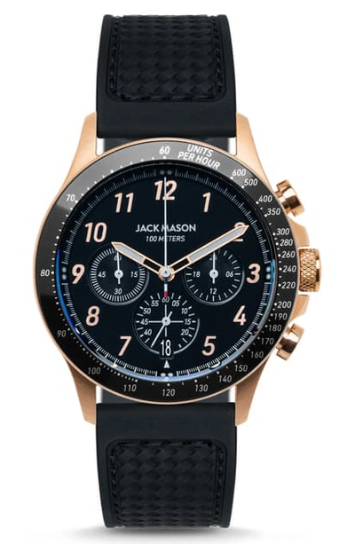 Shop Jack Mason Camber Racing Chronograph Rubber Strap Watch, 42mm In Black/ Rose Gold