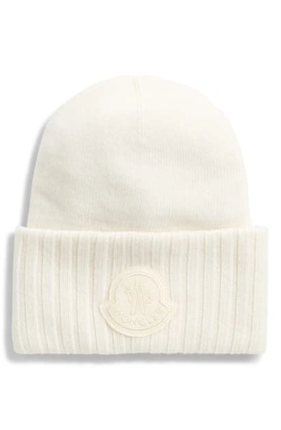 Shop Moncler Logo Patch Wool Beanie In White