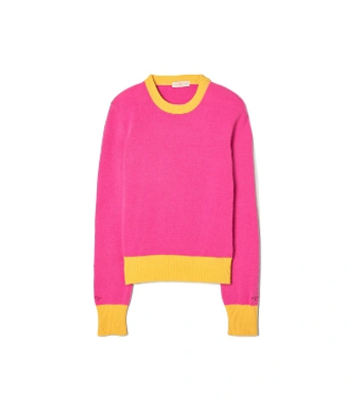 Shop Tory Burch Cashmere Color-block Sweater In Bright Pink/lemon Drop