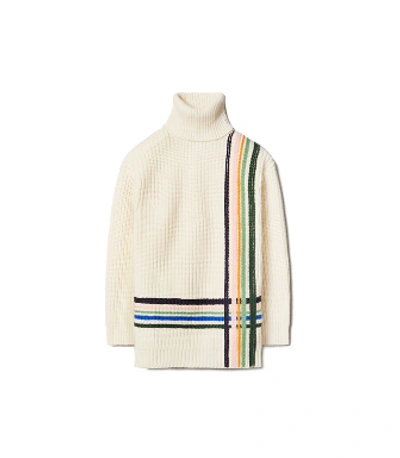 Shop Tory Sport Tory Burch Merino Hand-embroidered Turtleneck Sweater In Snow White Multi Window Pane