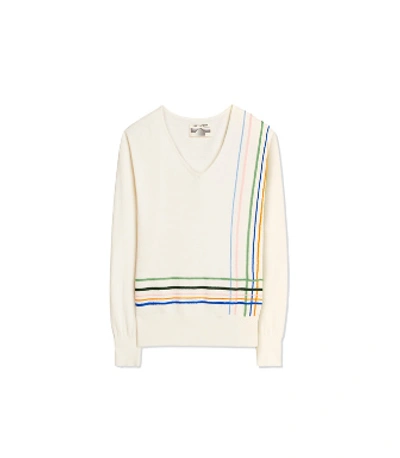 Shop Tory Sport Cotton-cashmere Embroidered-stripe Sweater In Snow White Multi Window Pane