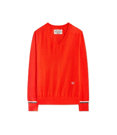 Shop Tory Sport Performance Merino V-neck Sweater In Red