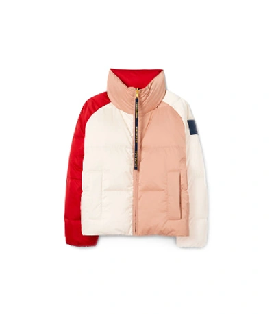 Tory Burch Colorblock Reversible Puffer Jacket In Pink Salt/fiesta Red |  ModeSens