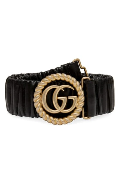 Shop Gucci Double-g Buckle Stretch Leather Belt In Hibiscus Red