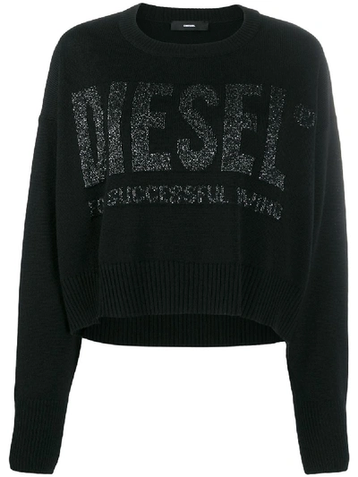 Shop Diesel Intarsia Logo Cropped Jumper In Black