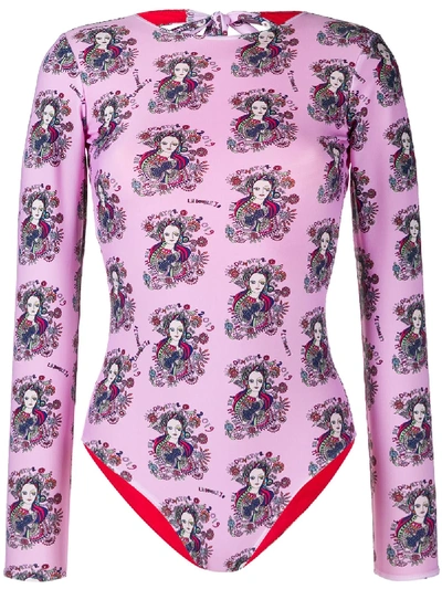 Shop La Doublej Printed Longsleeve Swimsuit In Pink