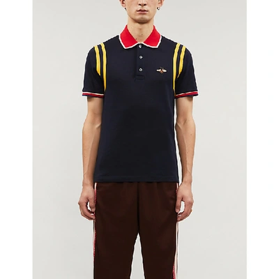 Shop Gucci Bee-embroidered Cotton-piqué Polo Shirt In Ink