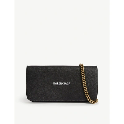 Shop Balenciaga Logo Grained Leather Wallet-on-chain In Black/l White