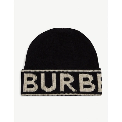 Shop Burberry Logo Intarsia Cashmere Beanie In Black White