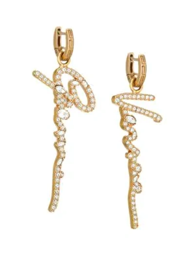 Shop Versace Signature Goldtone Crystal Huggie Drop Earrings In Yellow Goldtone