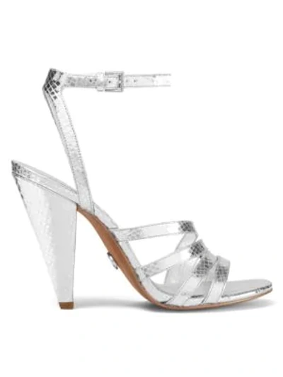 Shop Michael Michael Kors Kimmy Crocodile-embossed Metallic Leather Ankle-strap Sandals In Silver