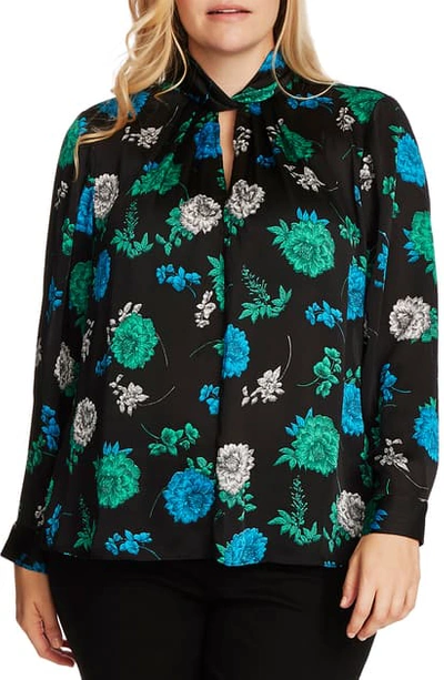 Shop Vince Camuto Floral Lagoon Twist Keyhole Neck Long Sleeve Blouse In Rich Black