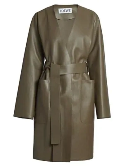 Shop Loewe Belted Leather Wrap Coat In Khaki Green