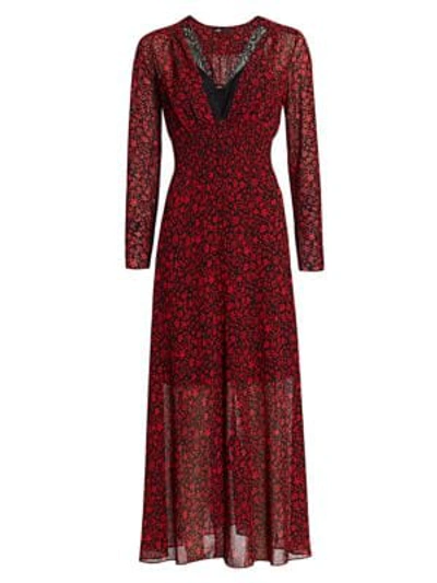 Shop Maje Ravila Lace Trim Floral Print Midi Dress In Red