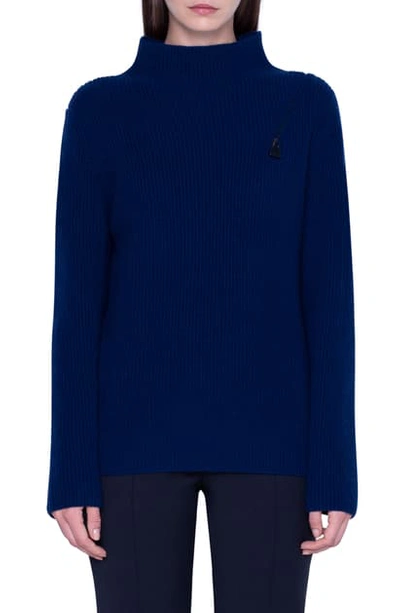 Shop Akris Rib Zip Shoulder Cashmere Sweater In Ink