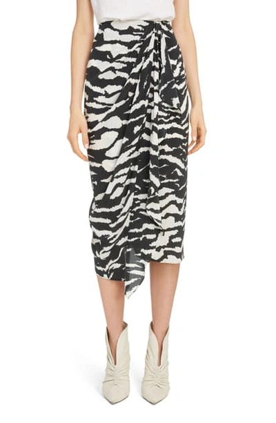 Shop Isabel Marant Zebra Print Stretch Silk Drape Midi Skirt In Black