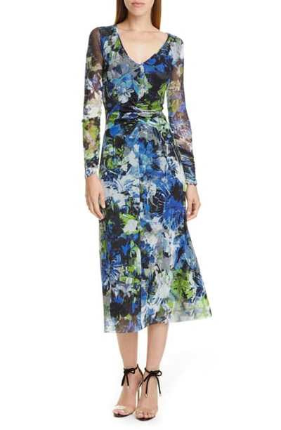 Shop Fuzzi Floral Print Long Sleeve Ruched Midi Dress In Nero