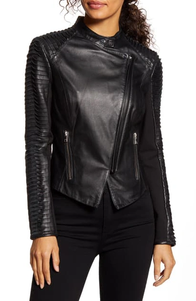Shop Lamarque Azra Statement Sleeve Leather Moto Jacket In Black
