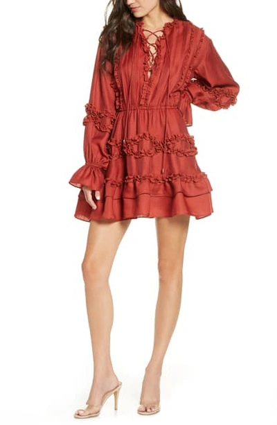 Shop C/meo Collective Slow Down Long Sleeve Ruffle Minidress In Carmine