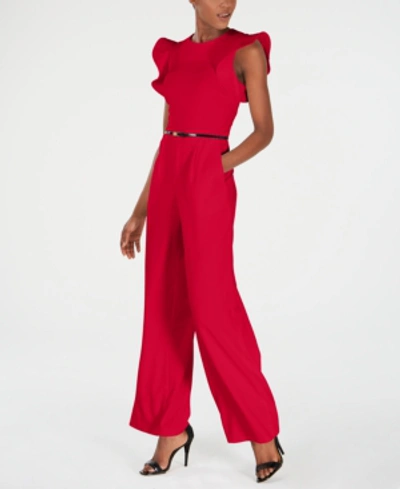 Shop Calvin Klein Belted Ruffle-sleeve Jumpsuit In Red