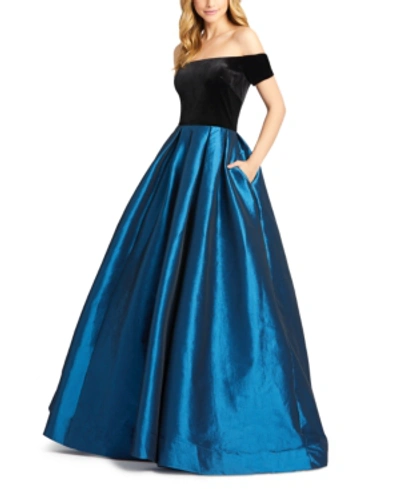 Shop Mac Duggal Off-the-shoulder Gown In Teal Blue/black