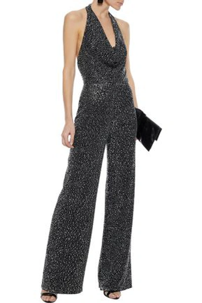Shop Alice And Olivia Salem Crystal-embellished Crepe Halterneck Jumpsuit In Black