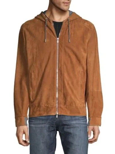 Shop Brunello Cucinelli Leather Hooded Jacket In Sequoia