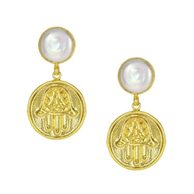 Shop Ottoman Hands Pearl & Hand Of Fatima Disc Drop Earrings