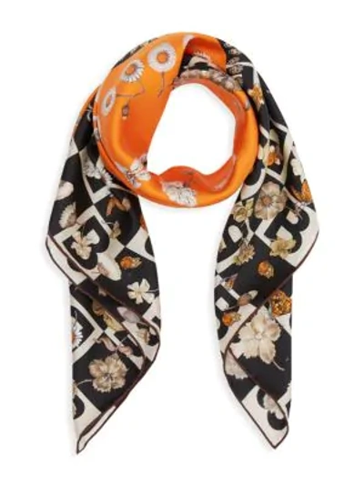 Shop Burberry B Motif And Floral Print Silk Square Scarf In Bright Orange