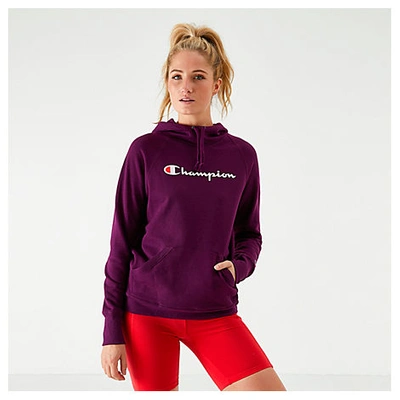 Shop Champion Women's Powerblend Fleece Script Pullover Hoodie In Purple