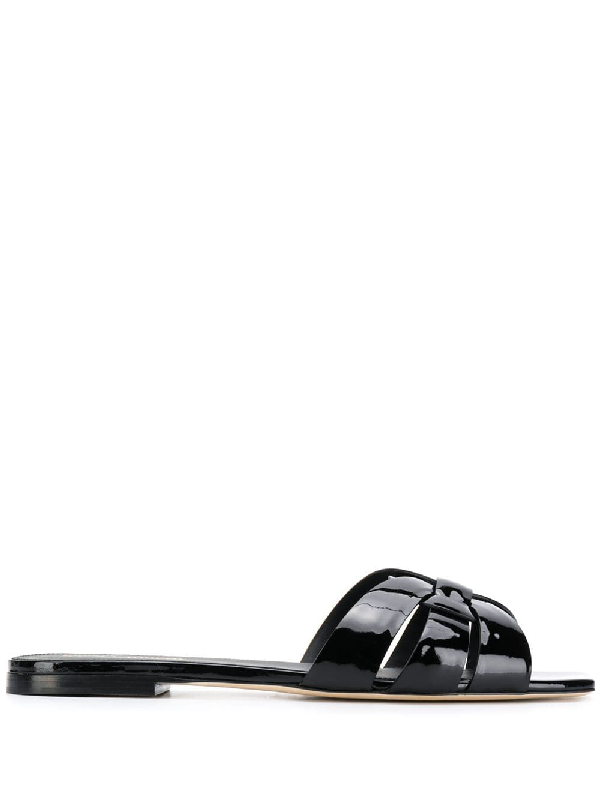 black patent leather slides