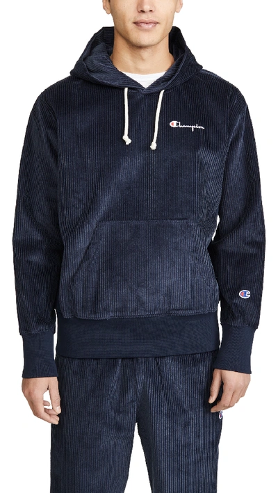 Shop Champion Corduroy Hooded Sweatshirt In Navy