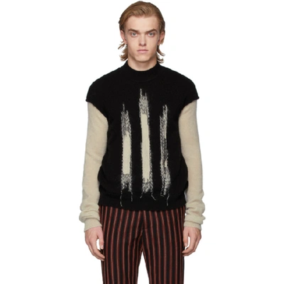Shop Ann Demeulemeester Black And Off-white Crewneck Sweater In Black/stone
