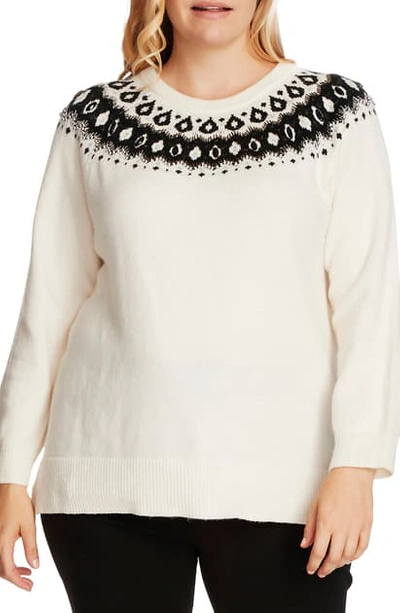 Shop Vince Camuto Embellished Yoke Cotton Blend Sweater In Antique White