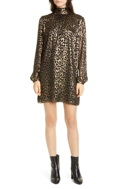Shop Saint Laurent Lame Leopard Burnout Long Sleeve Silk Blend Shift Dress In Noir Or Metal