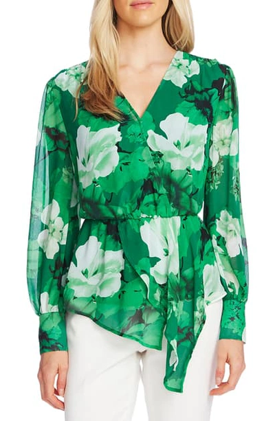 Shop Vince Camuto Floral Asymmetrical Hem Long Sleeve Top In Deep Emerald