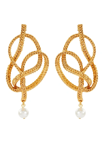 Shop Oscar De La Renta Twist Knot Braided Chain Pearl Drop Earrings In Metallic