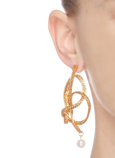 Shop Oscar De La Renta Twist Knot Braided Chain Pearl Drop Earrings In Metallic