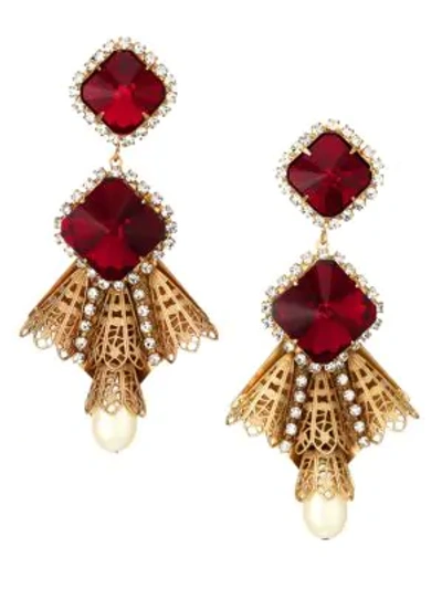 Shop Kenneth Jay Lane Antique Goldplated, Ruby Crystal & Faux-pearl Drop Clip-on Earrings In Yellow Goldtone