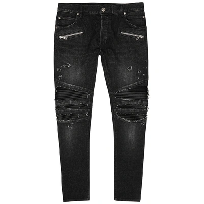 Shop Balmain Dark Grey Distressed Skinny Jeans In Black