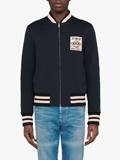 Shop Gucci Logo Patch Bomber Jacket In Blue