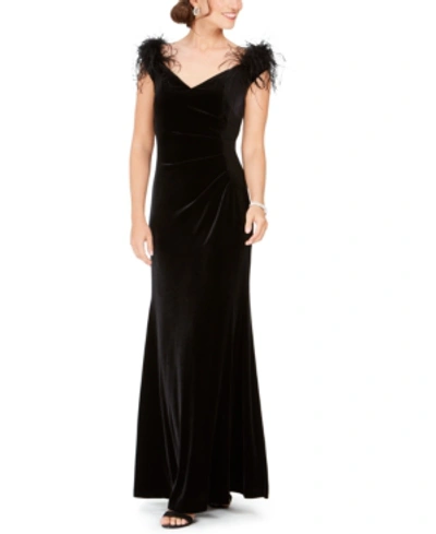 Shop Eliza J Velvet Feather-trim Off-the-shoulder Gown In Black