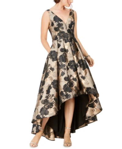 Shop Eliza J Floral-print High-low Gown In Gold/black Floral