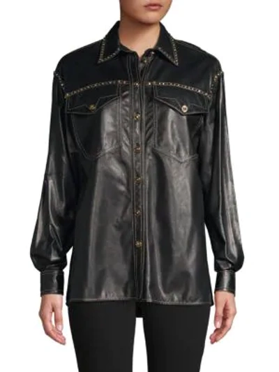 Shop Versace Studded Leather Jacket In Black