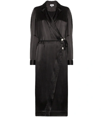 Shop Ganni Heavy Satin Long Dress Coat In Black